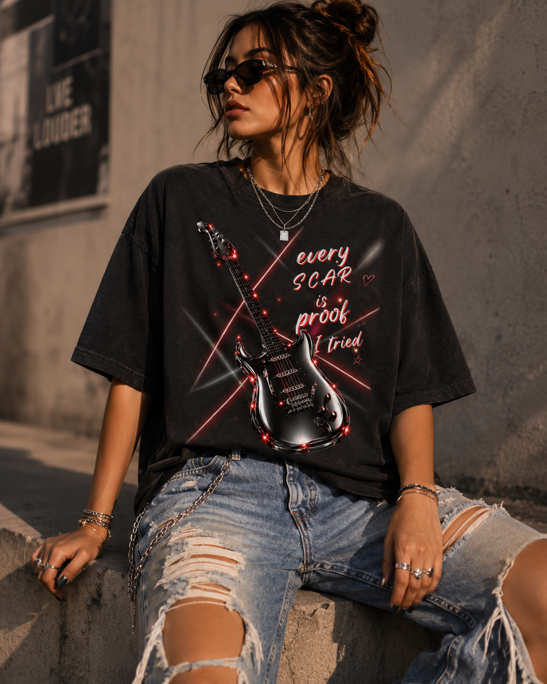 Every Scar Is Proof I Tried | Vintage Chrome Guitar Graphic Tee | Oversized Streetwear Music Shirt | NXTBIAS