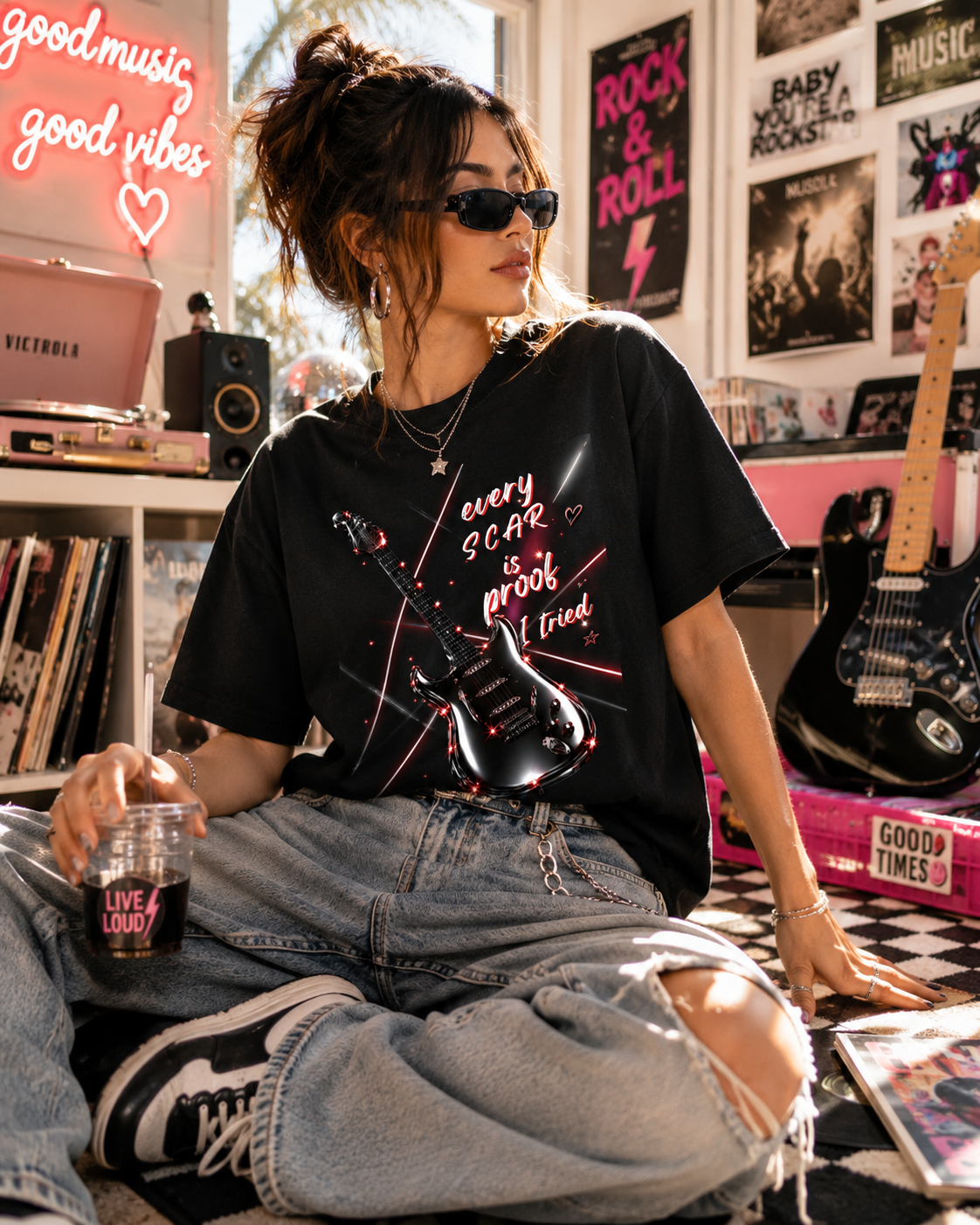 Every Scar Is Proof I Tried Vintage Guitar Graphic Tee | Rock Music Streetwear Shirt | Y2K Oversized Unisex T-Shirt