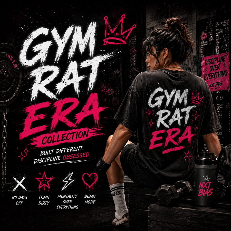 Gym Rat Era collection featuring edgy Y2K grunge gym graphic tee and workout apparel in black and pink