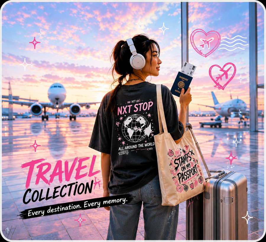 Travel Era collection featuring a woman in a graphic travel tee with passport, tote bag, and suitcase at an airport