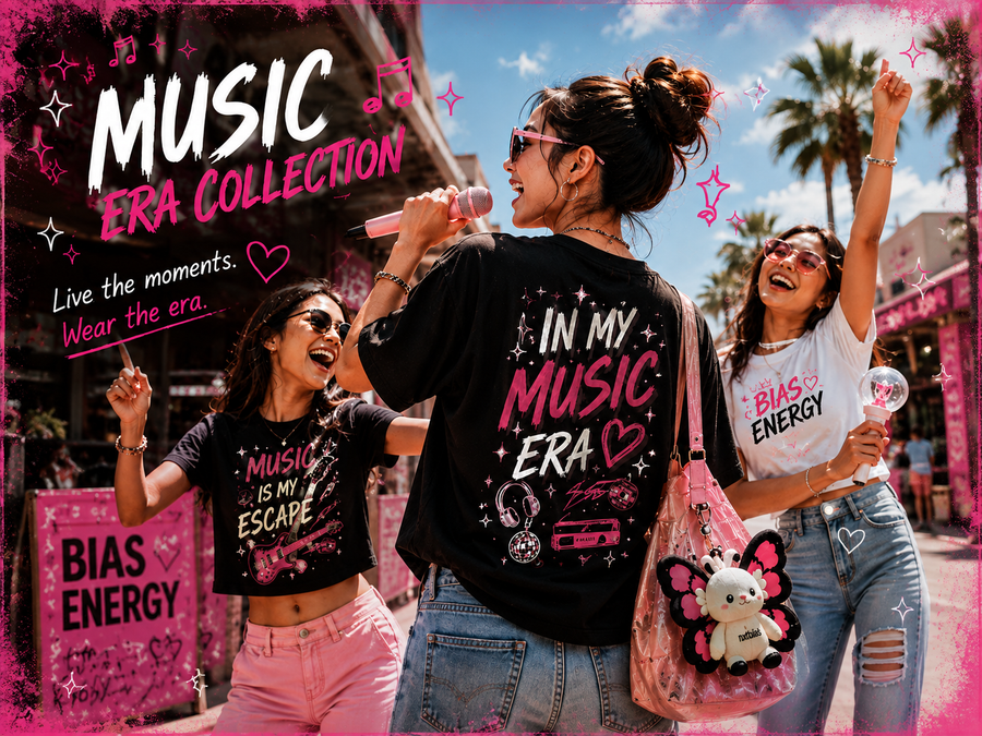Music Era collection featuring women in black and pink music-inspired graphic tees with edgy Y2K concert style