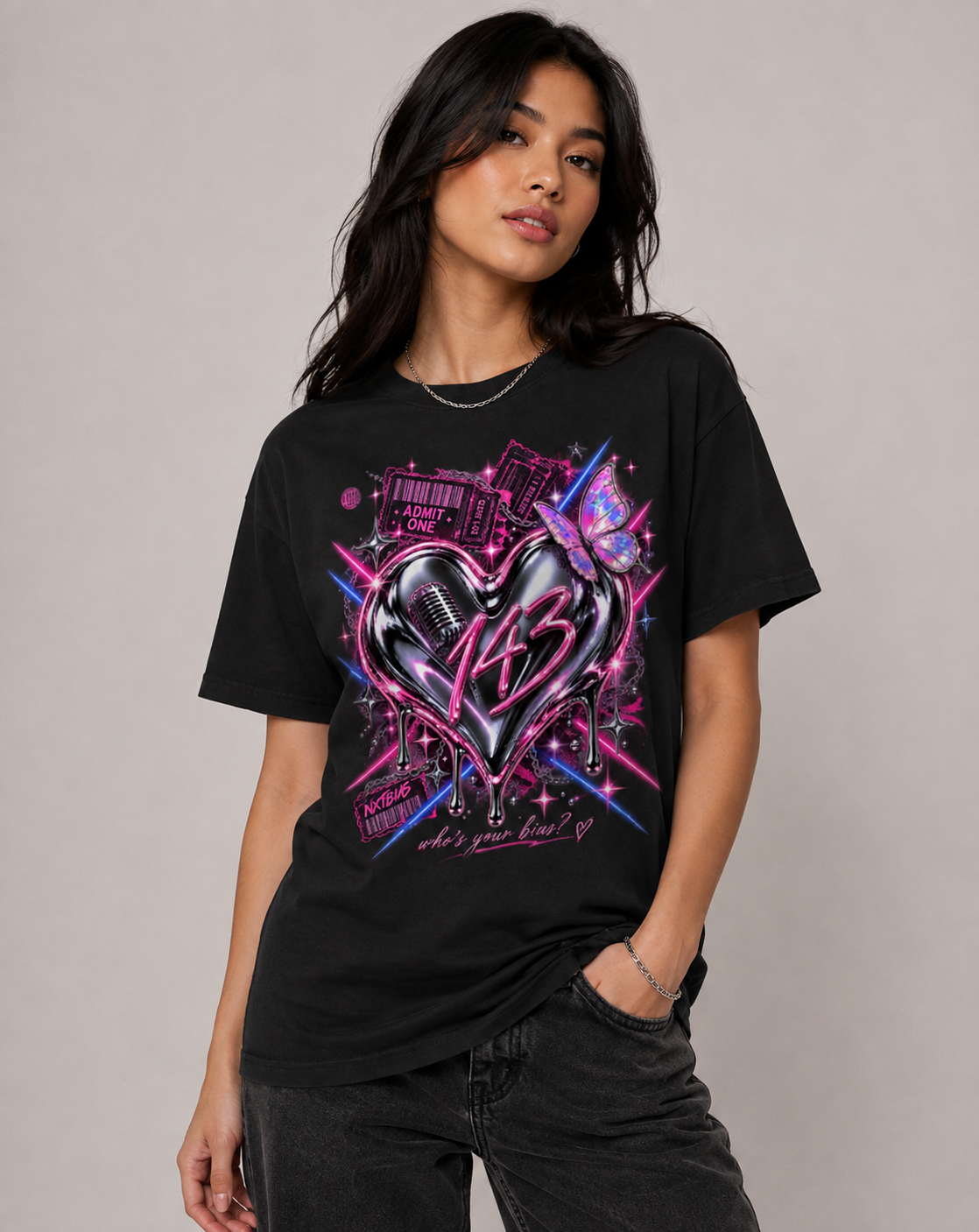 Model wearing black 143 Chrome Heart K-pop inspired graphic tee