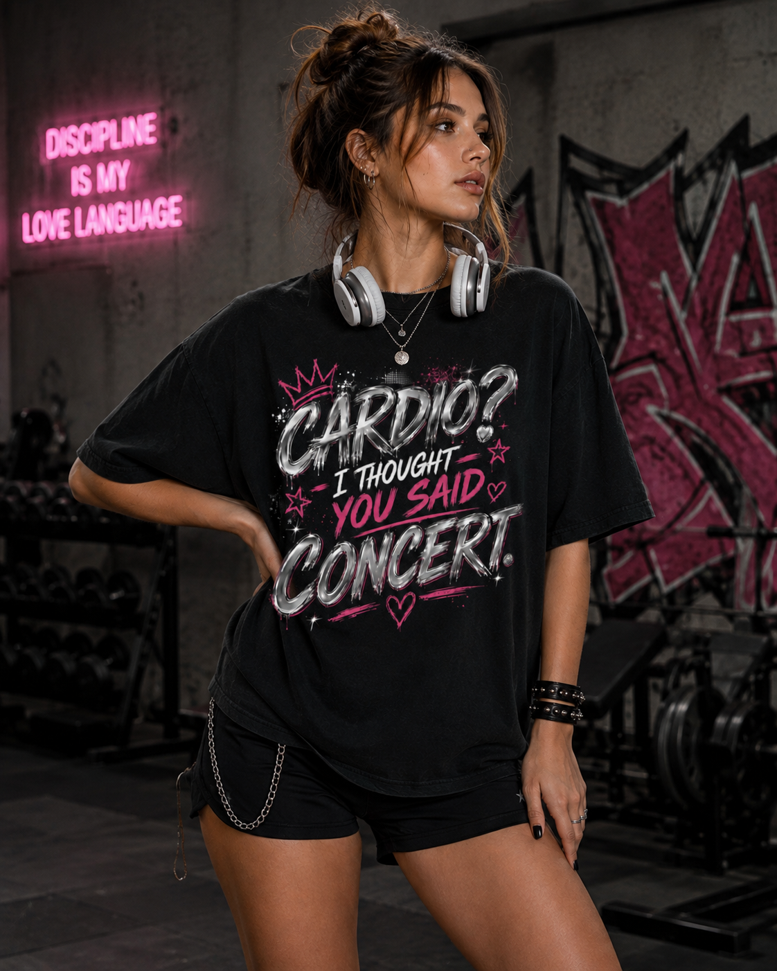 Woman wearing Concert Is My Cardio oversized black graphic tee in an edgy grunge gym setting