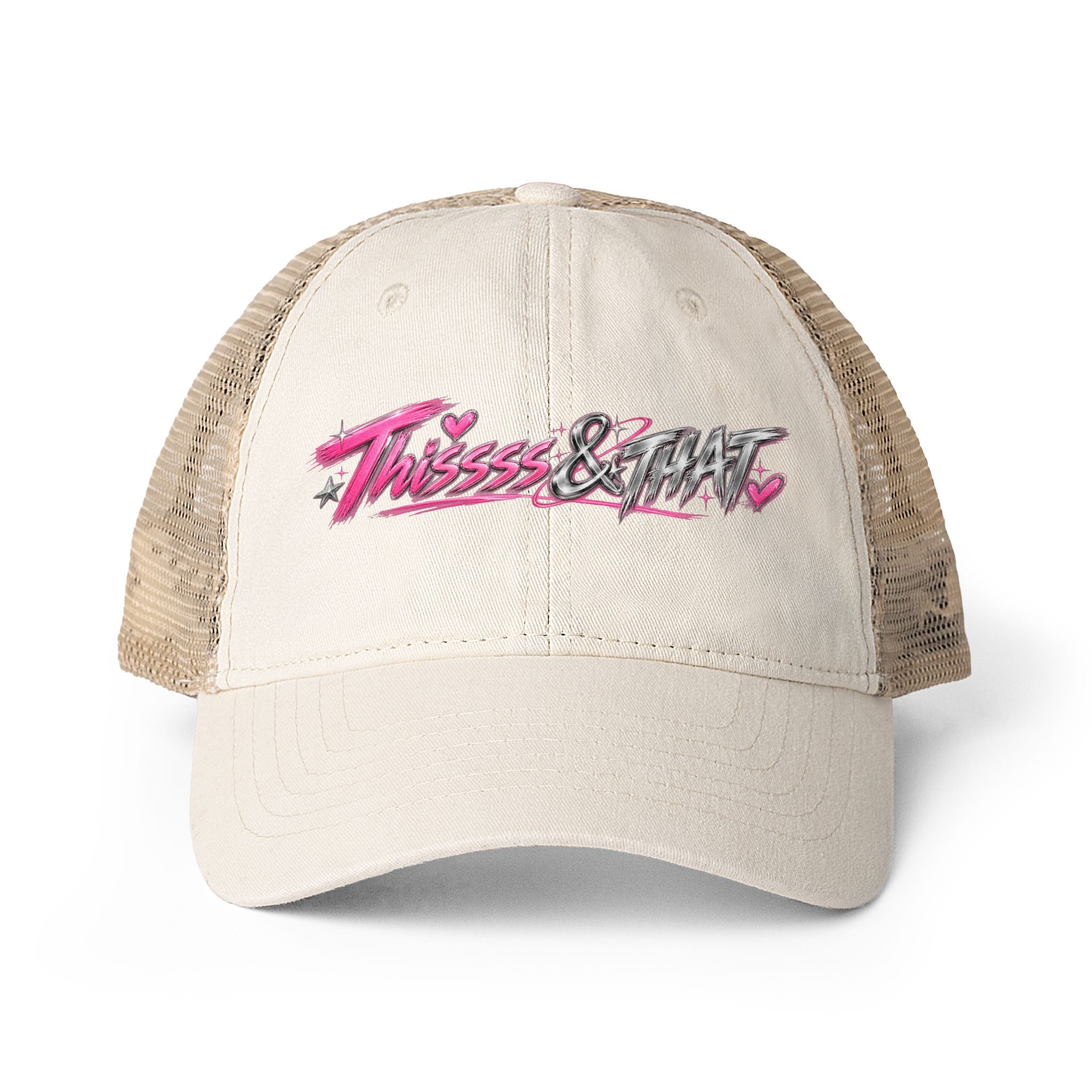 Cream Thissss & THAT washed trucker hat with pink and chrome graphic