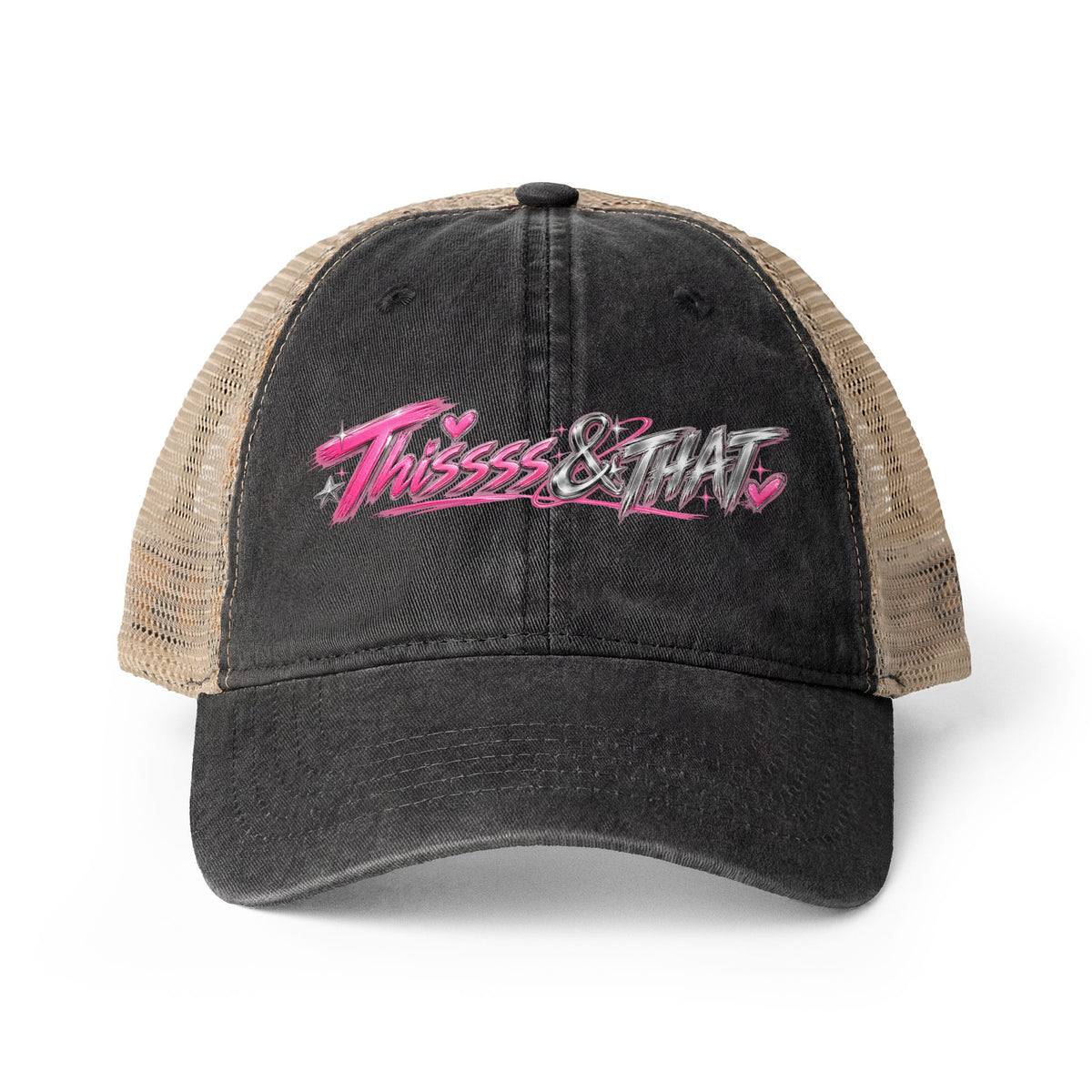 Black Thissss & THAT washed trucker hat with pink graphic
