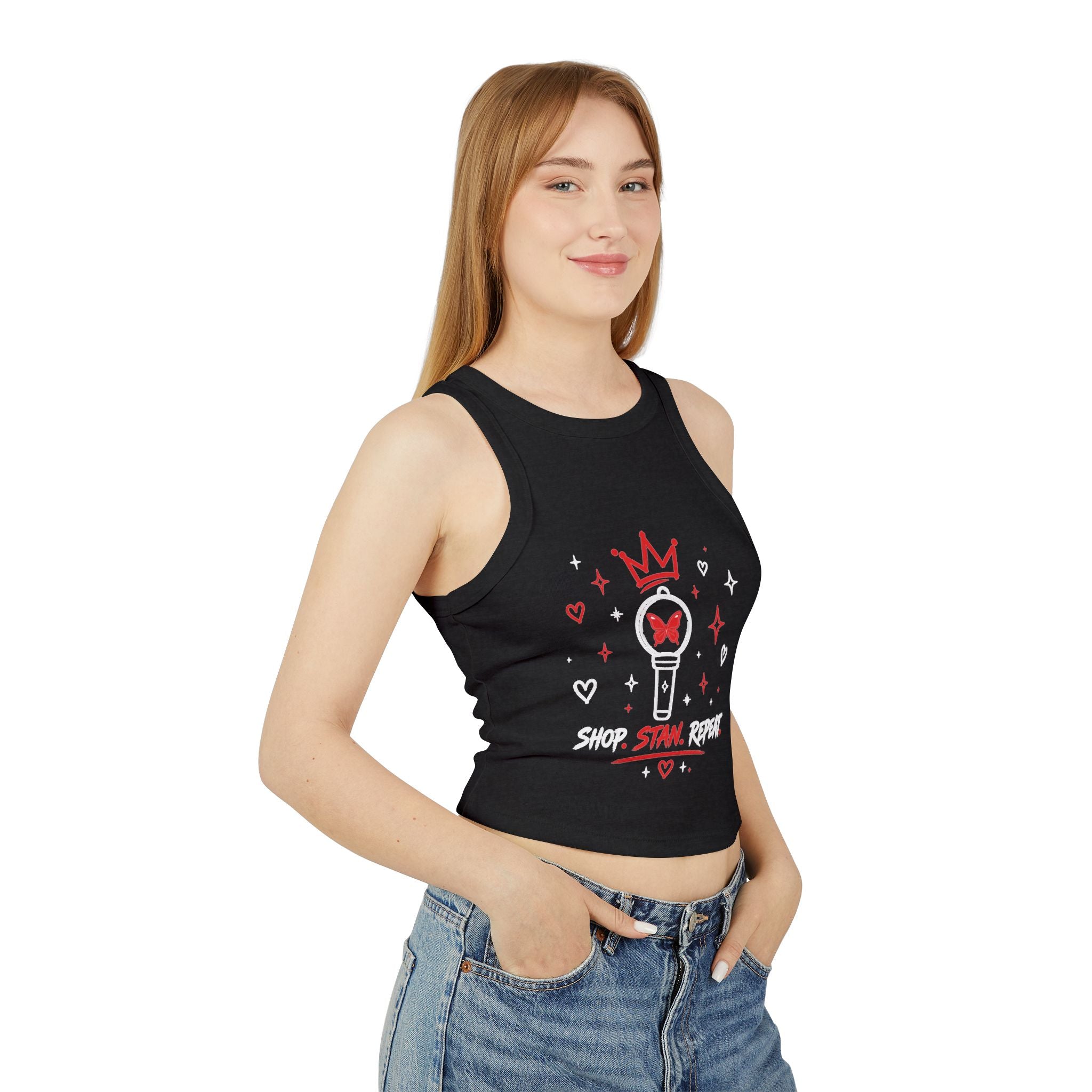 Shop. Stan. Repeat. Cropped Racer Tank | Women's Graphic Crop Top | Concert Outfit | Fan Style Tank | Trendy Summer Top | NXTBIAS