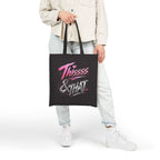Model carrying black Thissss & THAT K-pop inspired canvas tote bag