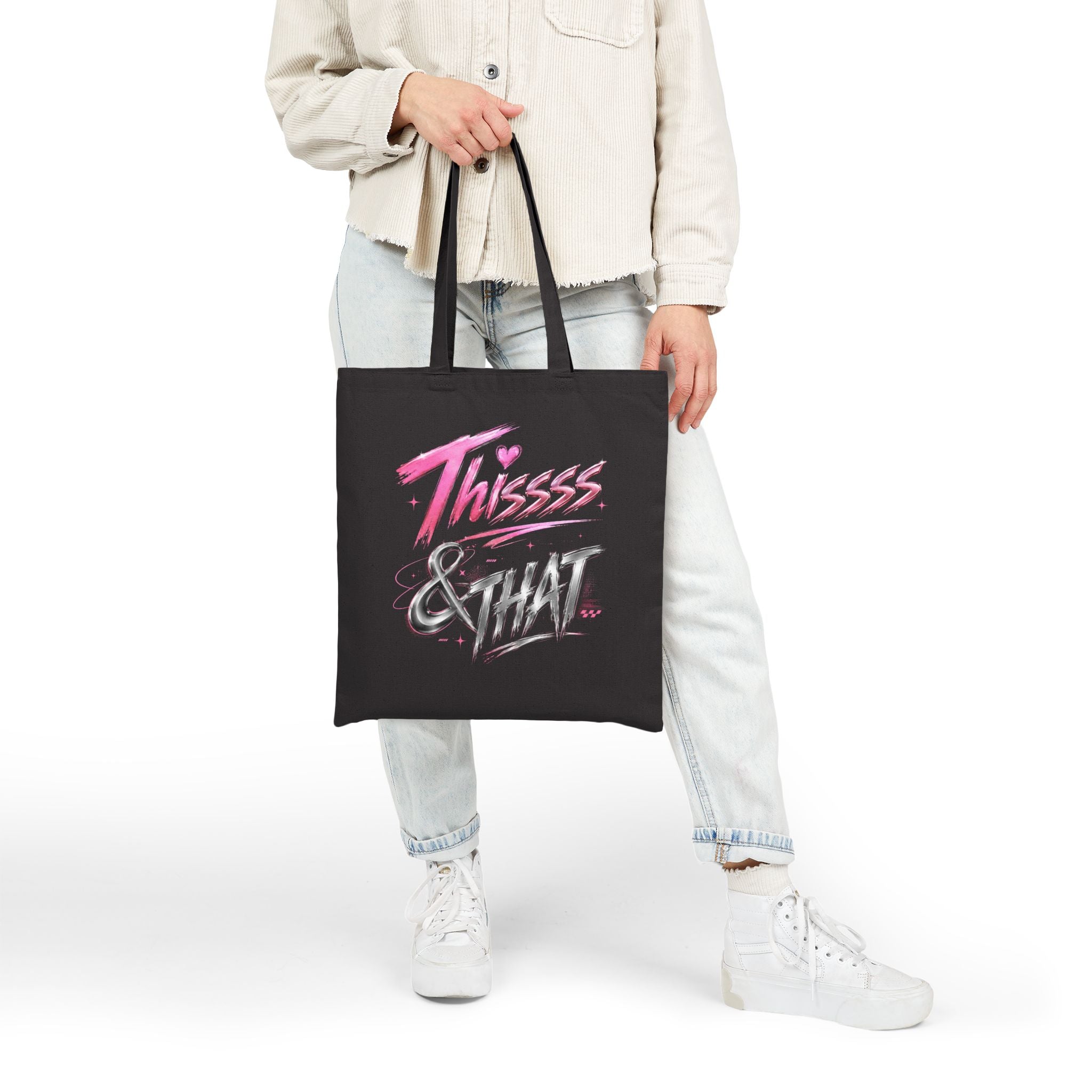 Model carrying black Thissss & THAT K-pop inspired canvas tote bag