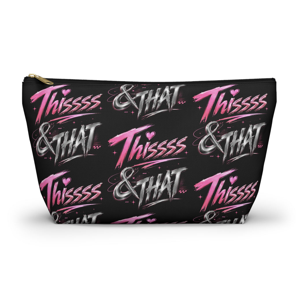 Black Thissss & THAT makeup pouch with repeating pink and chrome graphics
3. Alternate product view: