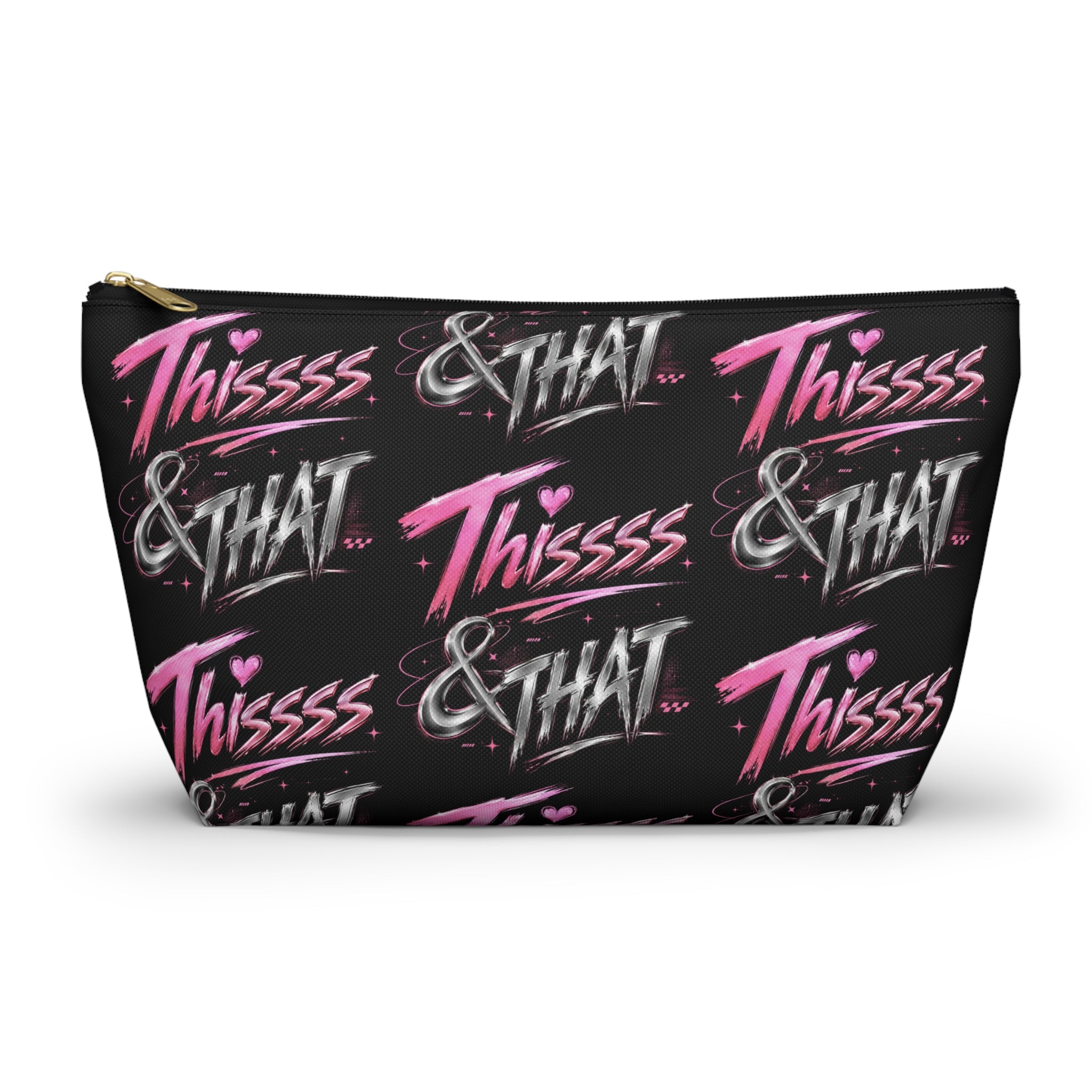 Black Thissss & THAT makeup pouch with repeating pink and chrome graphics
3. Alternate product view: