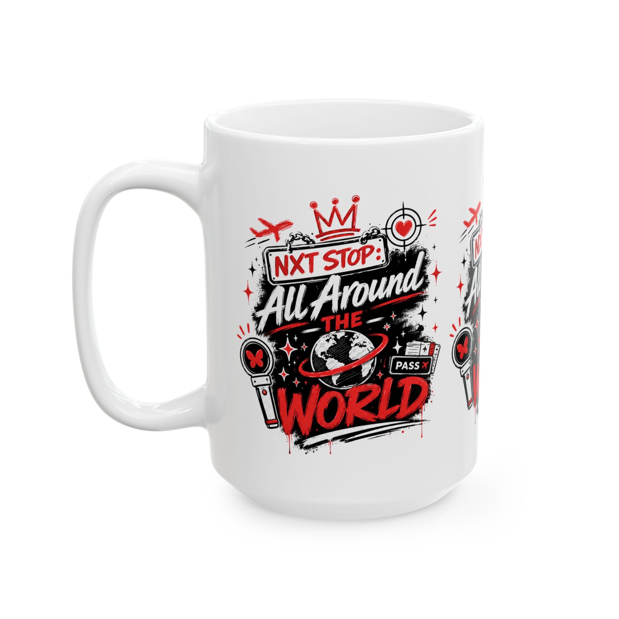 Kpop Travel All Around the World Mug 15oz | Plane Passport Map | Red
