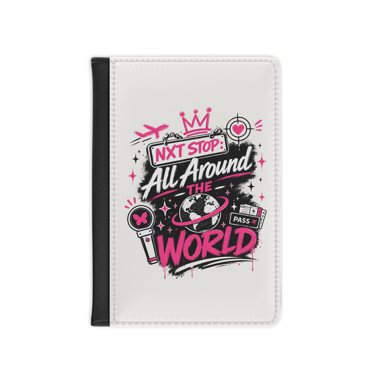 Front of All Around the World passport cover with pink travel graphic