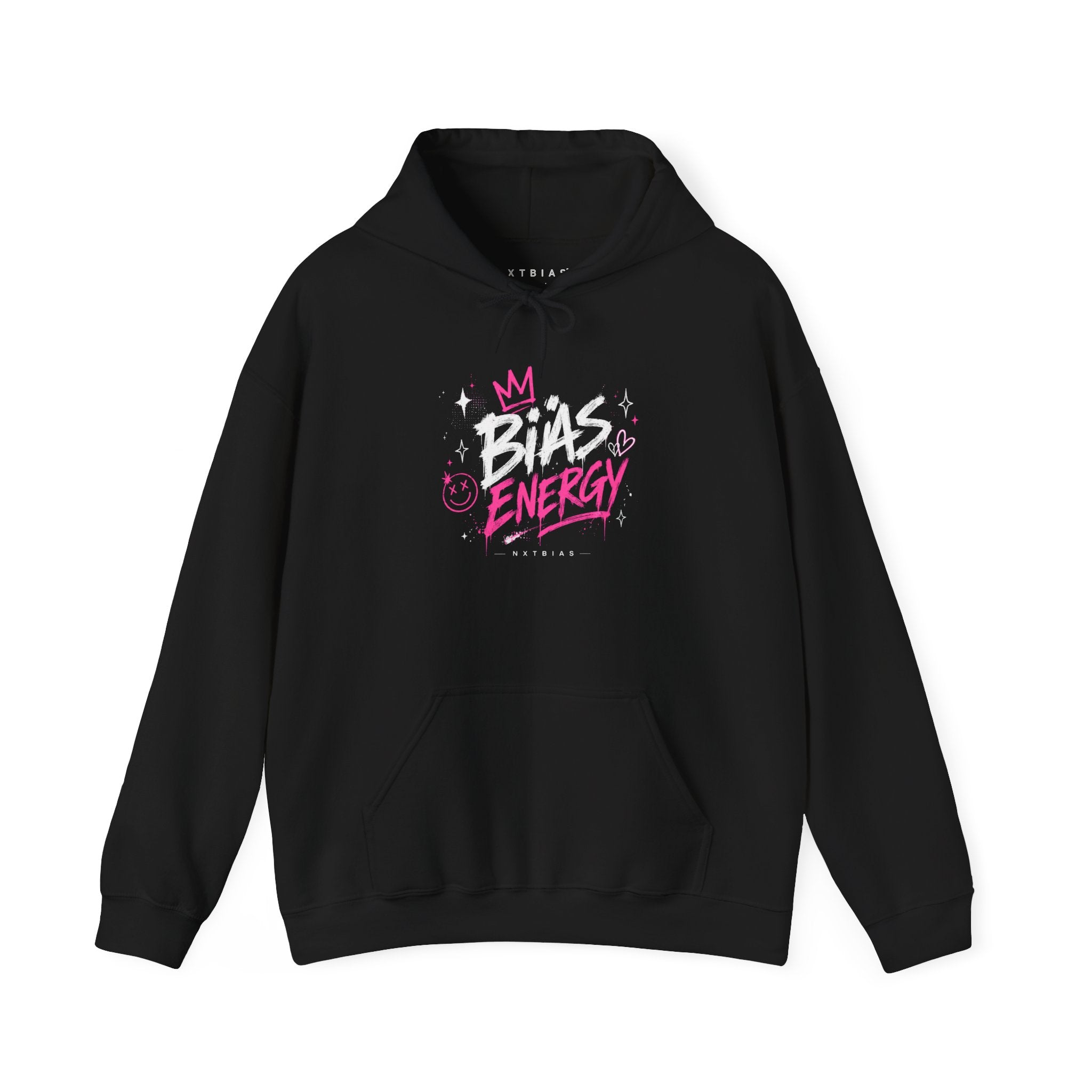 Black Bias Energy K-pop-inspired graphic hoodie with pink crown artwork by NXTBIAS

