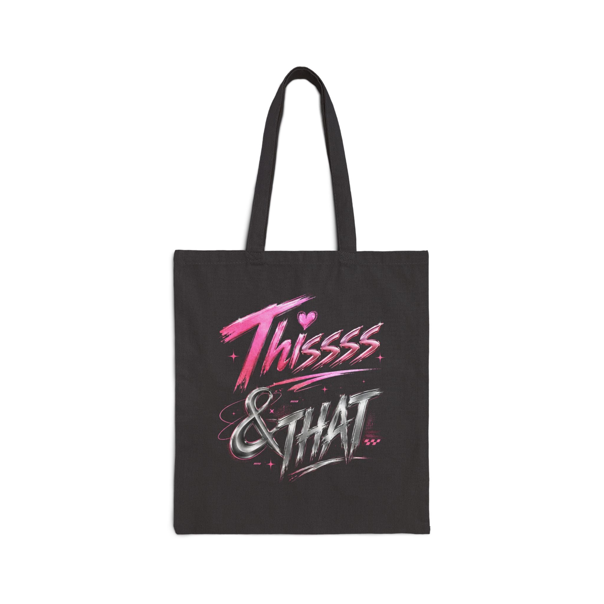 Black Thissss & THAT canvas tote bag with pink and white graphic