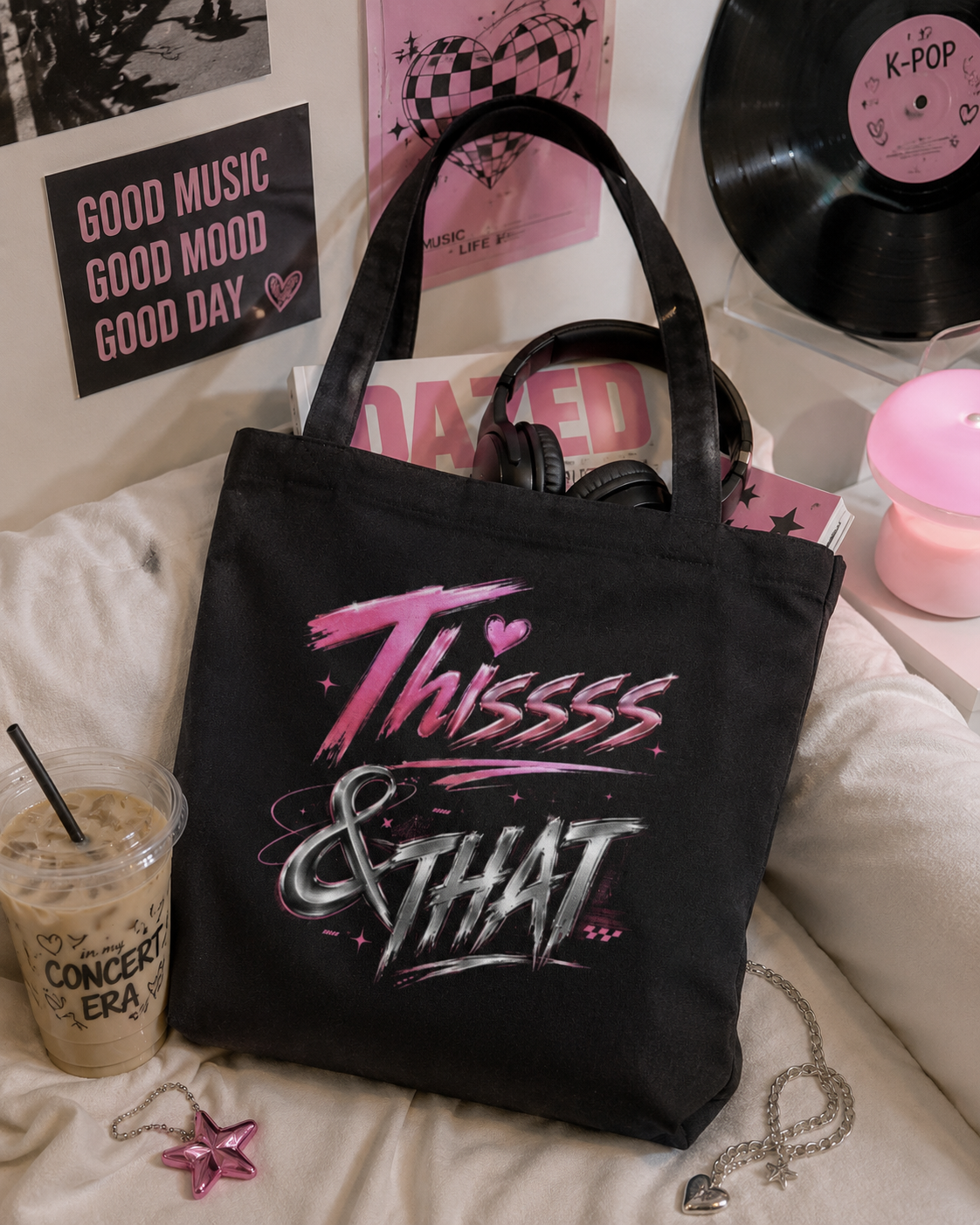 Thissss & THAT black canvas tote bag with pink K-pop inspired graphic