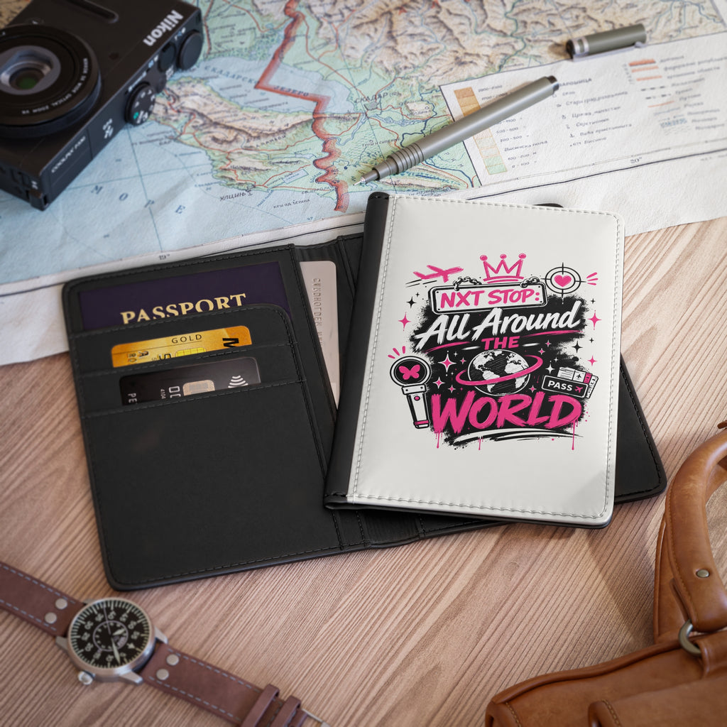 All Around the World passport cover styled with passport and travel accessories
