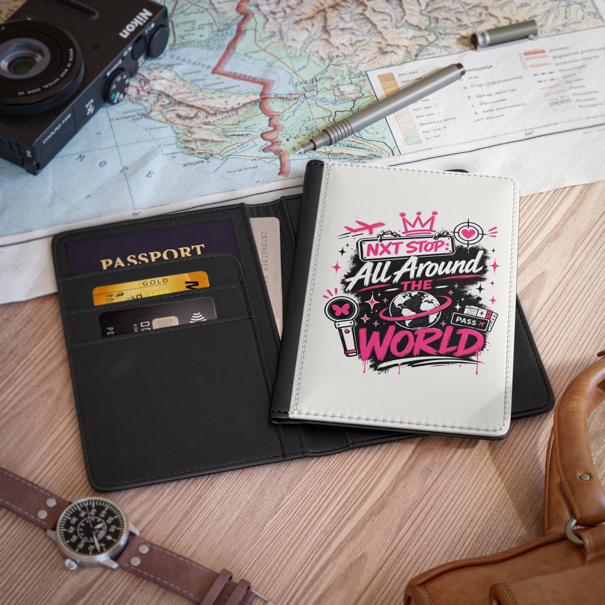 All Around the World passport cover styled with passport and travel accessories
