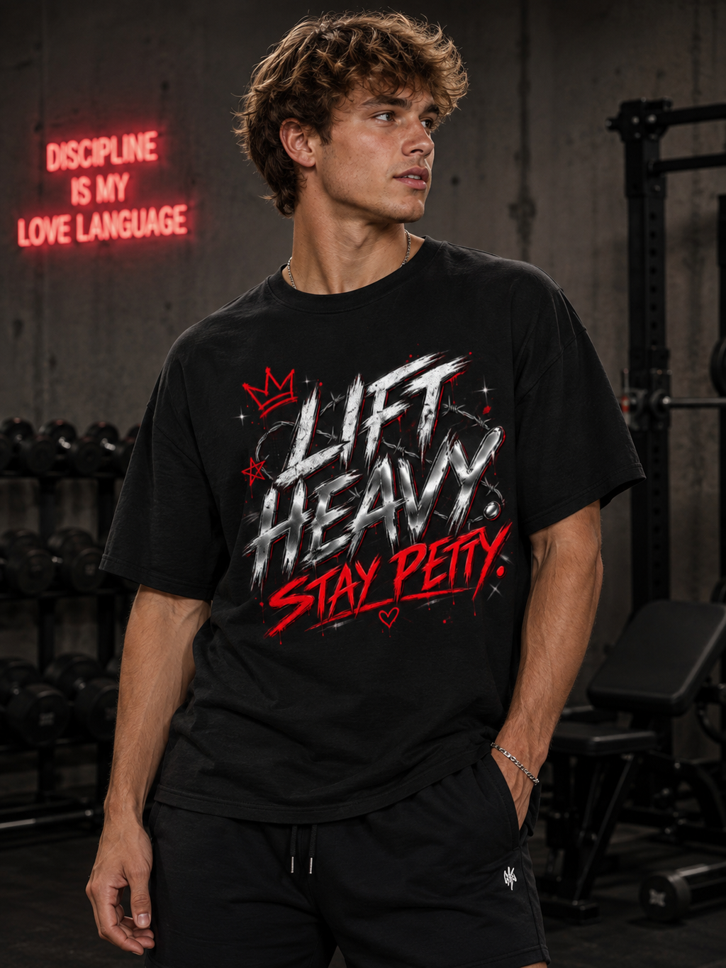 Man wearing Lift Heavy Stay Petty oversized black graphic tee in an edgy gym setting