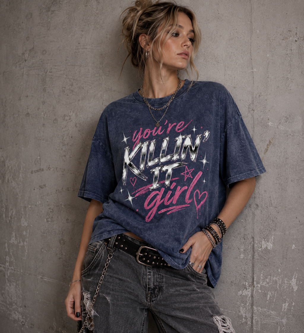 Model wearing You’re Killin’ It Girl royal blue snow-washed oversized graphic tee