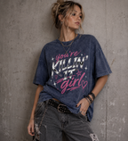 Model wearing You’re Killin’ It Girl royal blue snow-washed oversized graphic tee