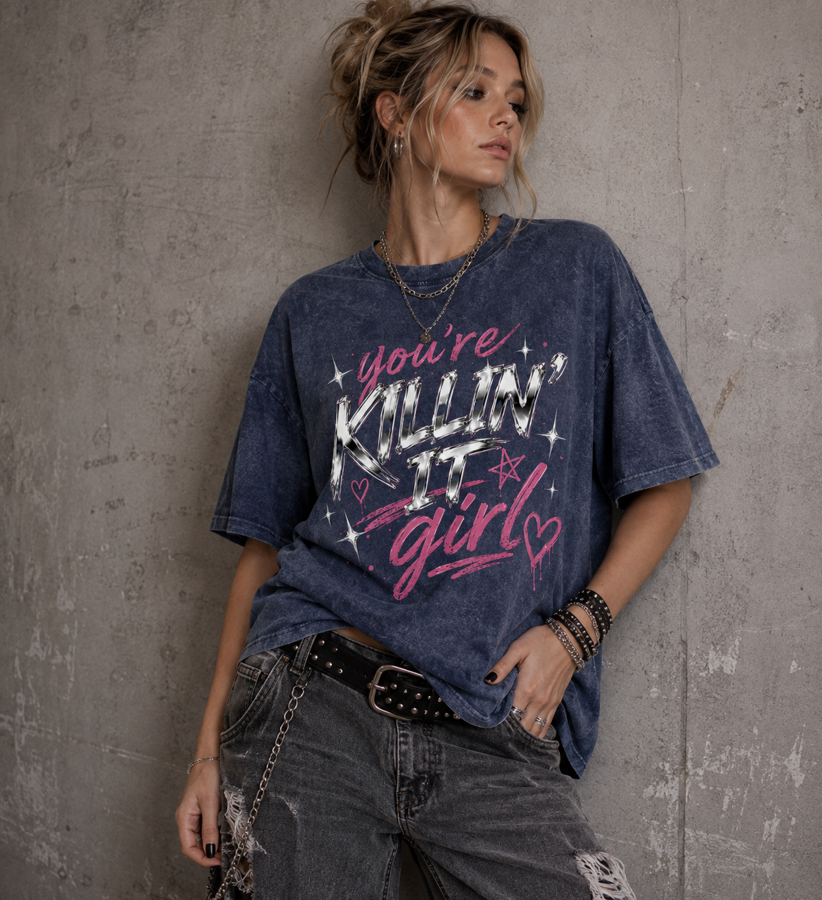 Model wearing You’re Killin’ It Girl royal blue snow-washed oversized graphic tee