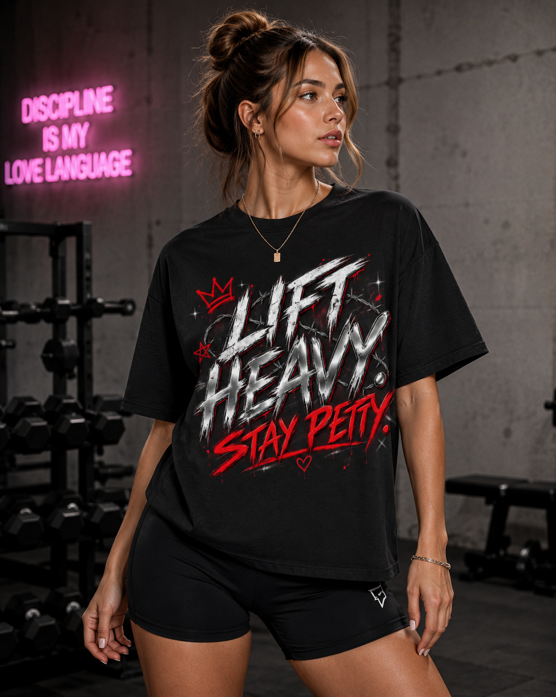 Woman wearing Lift Heavy Stay Petty oversized black graphic tee with edgy grunge gym design