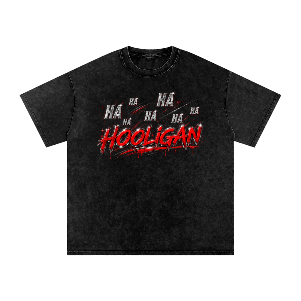 Hooligan black snow-washed oversized graphic tee front view