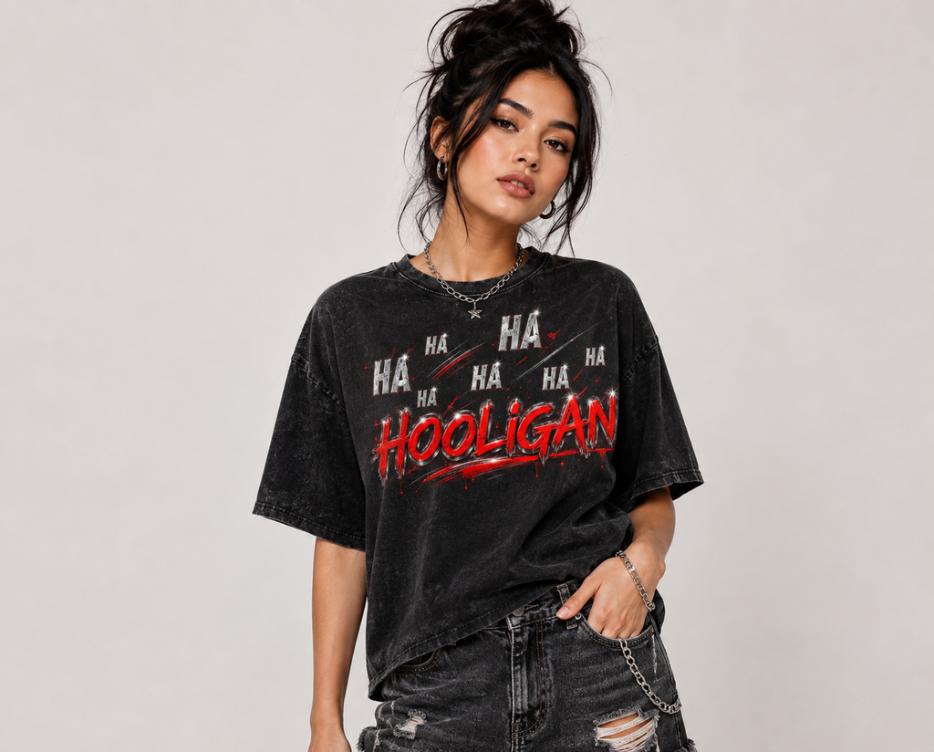 Model wearing Hooligan black snow-washed oversized graphic tee