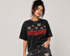 Model wearing Hooligan black snow-washed oversized graphic tee