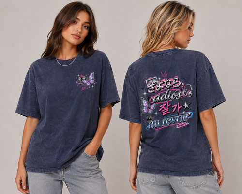 Models wearing NXTBIAS Global Goodbye oversized K-pop inspired graphic tee