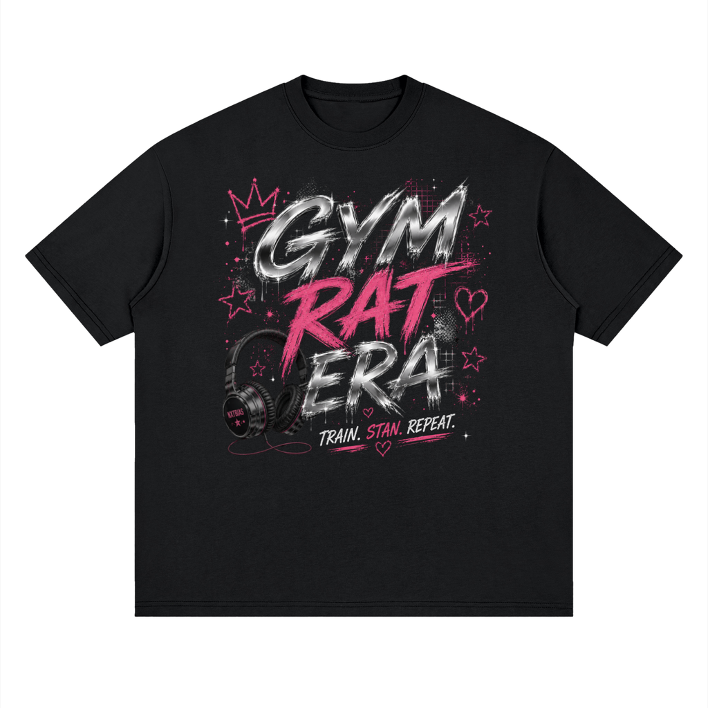 Black Gym Rat Era oversized graphic tee with pink and chrome Y2K design