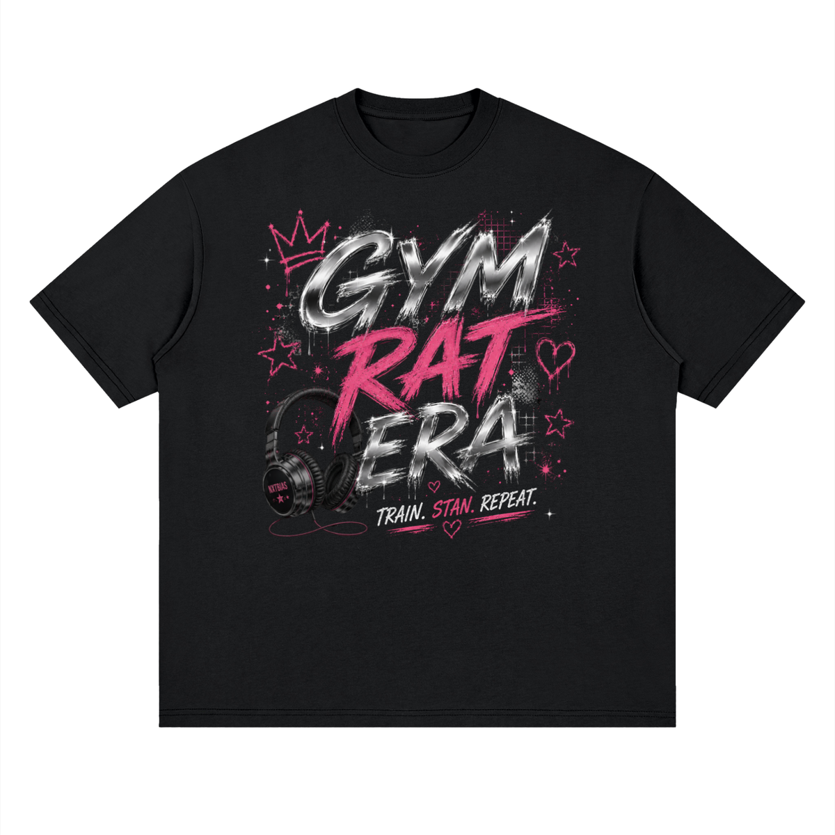 Black Gym Rat Era oversized graphic tee with pink and chrome Y2K design