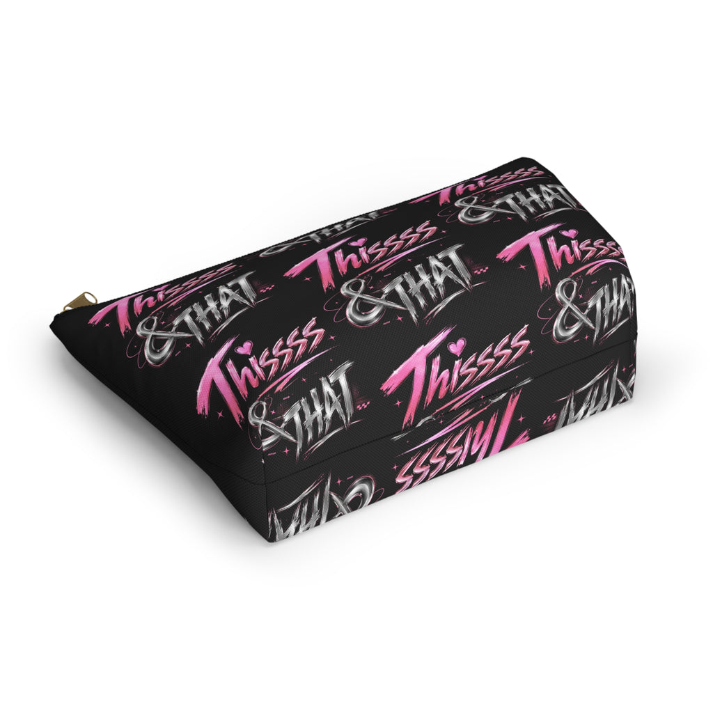 Angled view of black Thissss & THAT zipper makeup pouch