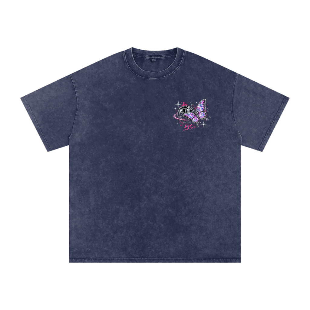 Front of Global Goodbye oversized tee with globe and butterfly chest graphic