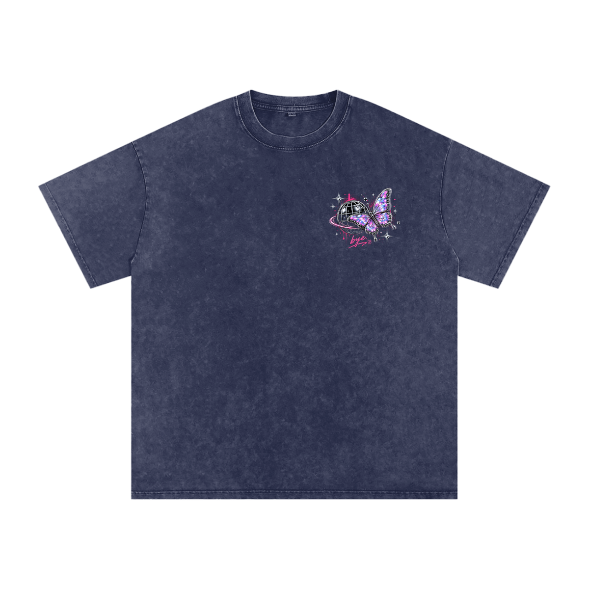 Front of Global Goodbye oversized tee with globe and butterfly chest graphic