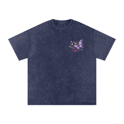 Front of Global Goodbye oversized tee with globe and butterfly chest graphic