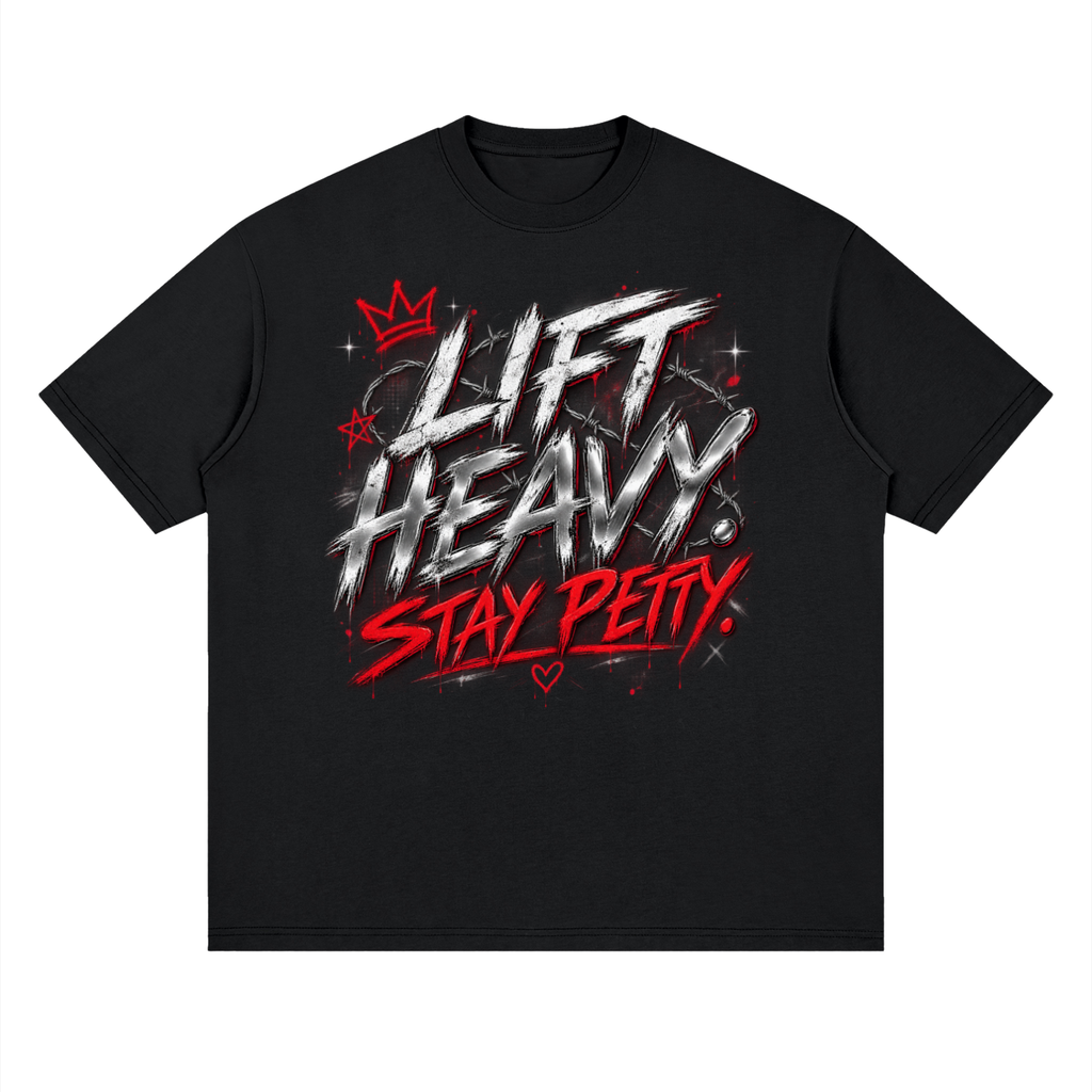 Black Lift Heavy Stay Petty oversized graphic tee with chrome white and red grunge typography