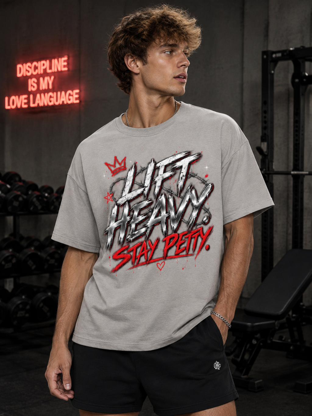 Man wearing gray Lift Heavy Stay Petty oversized graphic T-shirt in a gym setting