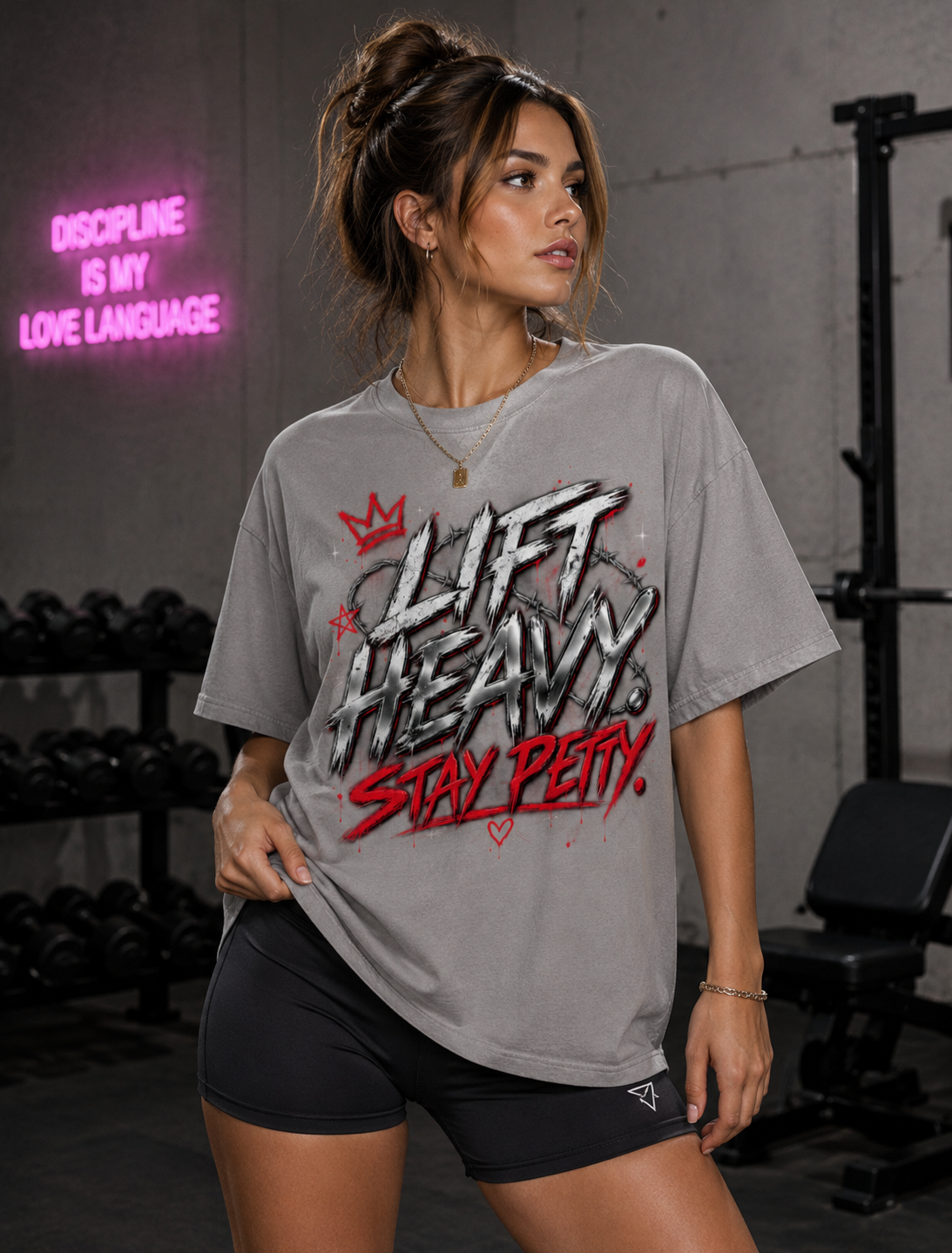 Woman wearing gray Lift Heavy Stay Petty oversized graphic T-shirt with black gym shorts