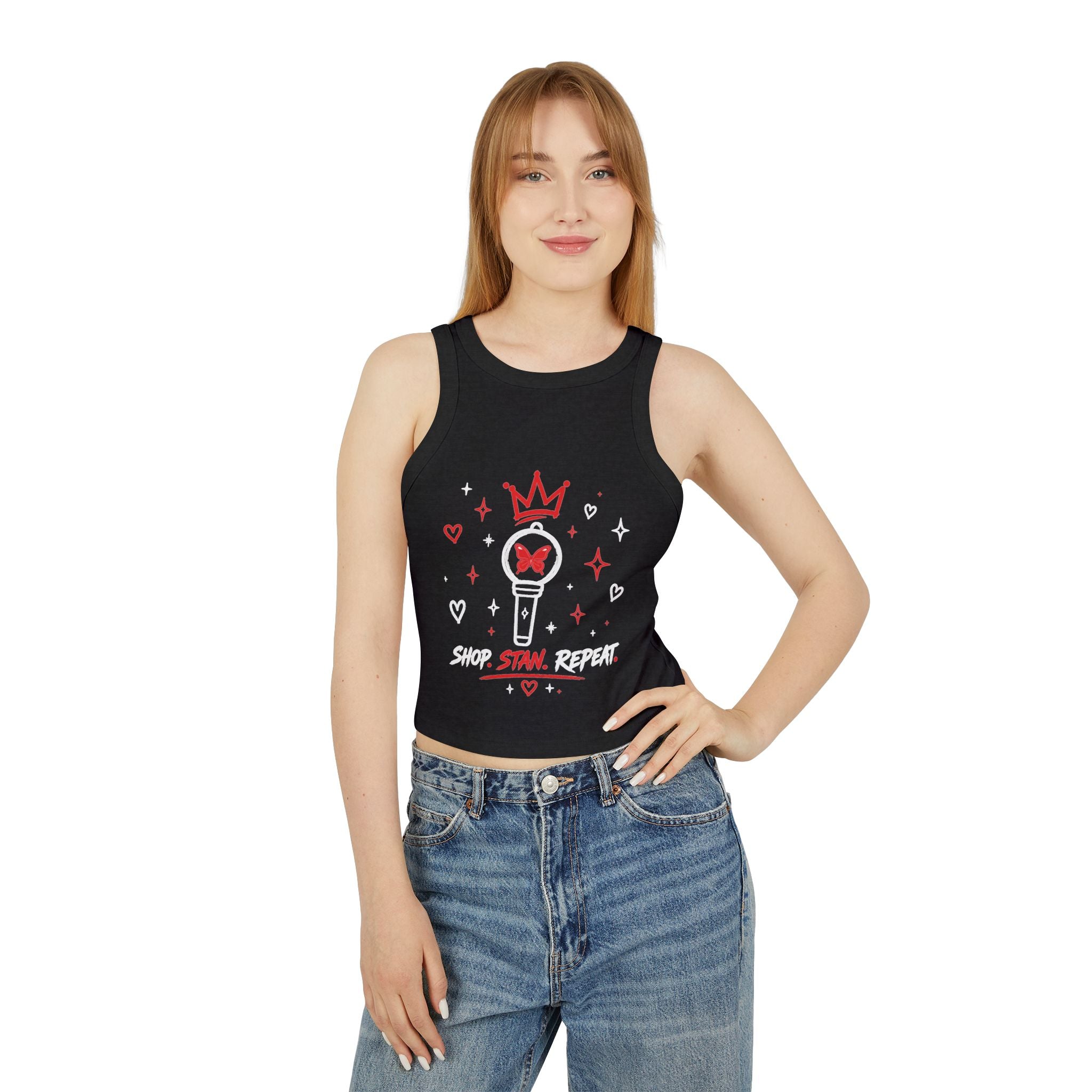 Shop. Stan. Repeat. Cropped Racer Tank | Women's Graphic Crop Top | Concert Outfit | Fan Style Tank | Trendy Summer Top | NXTBIAS