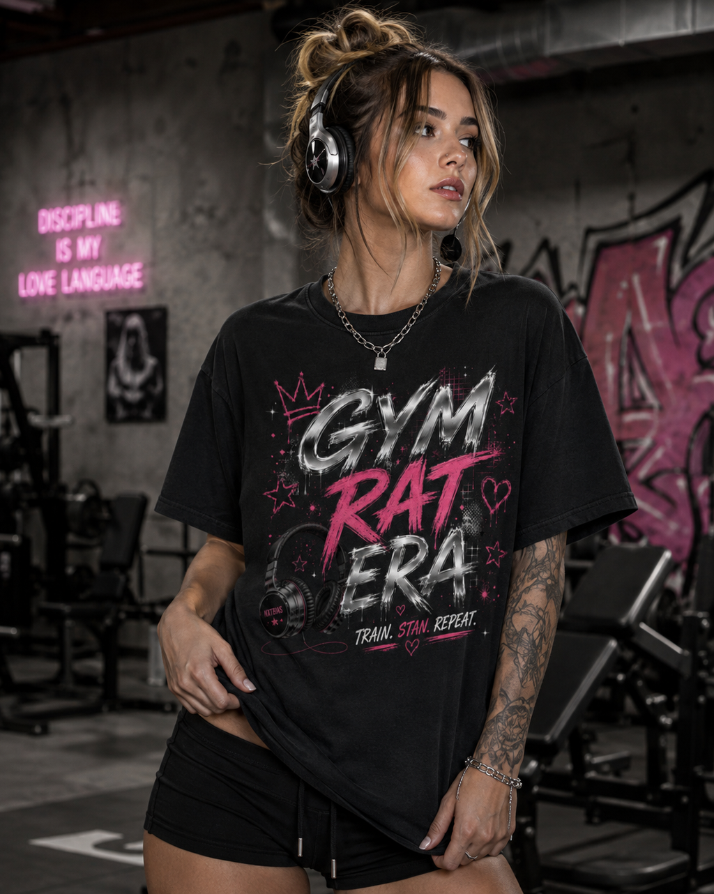 Woman wearing black Gym Rat Era oversized graphic tee in grunge gym setting