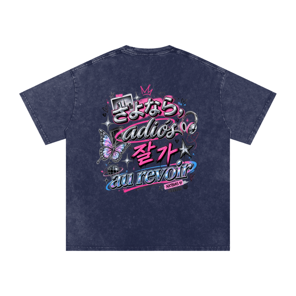 Back of Global Goodbye oversized tee with multilingual Y2K graphic