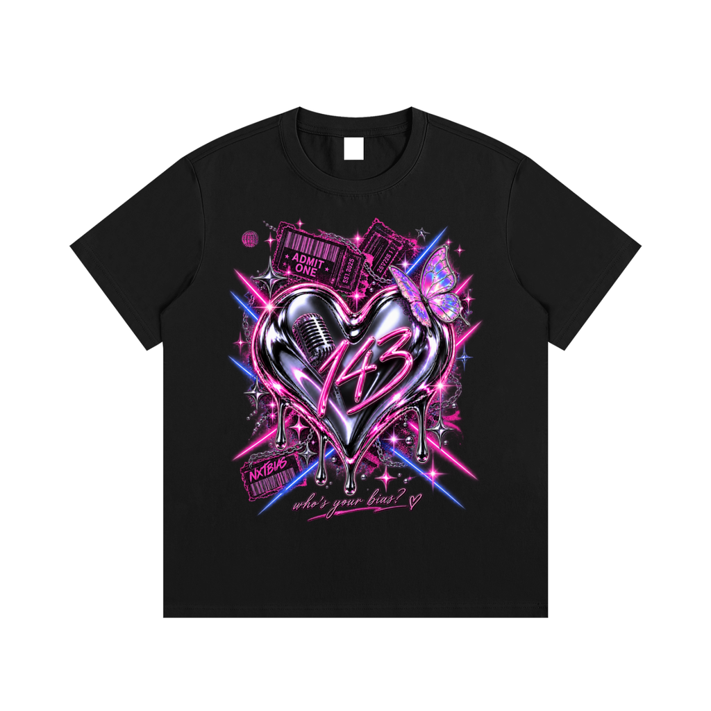 Black 143 Chrome Heart graphic tee with neon pink butterfly design