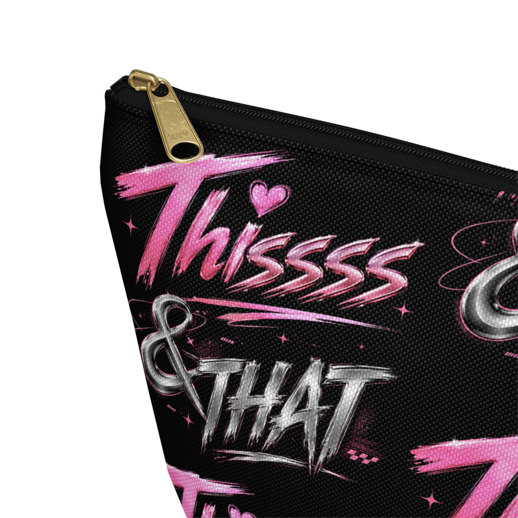 Close-up of Thissss & THAT makeup pouch graphic and gold zipper