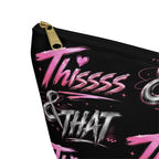 Close-up of Thissss & THAT makeup pouch graphic and gold zipper