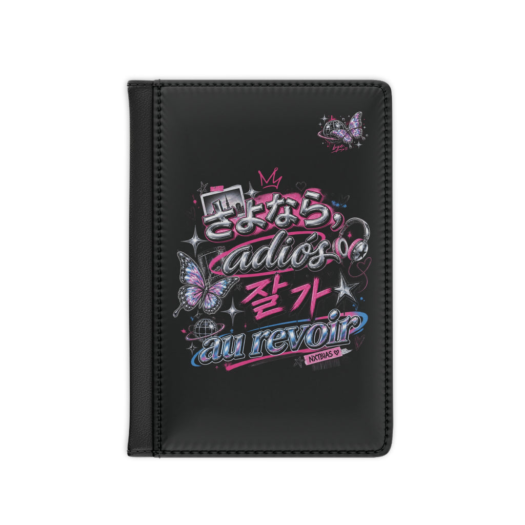 Front of black Global Goodbye multilingual passport cover