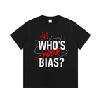 Black Who's Your Bias graphic tee with red and white front design
