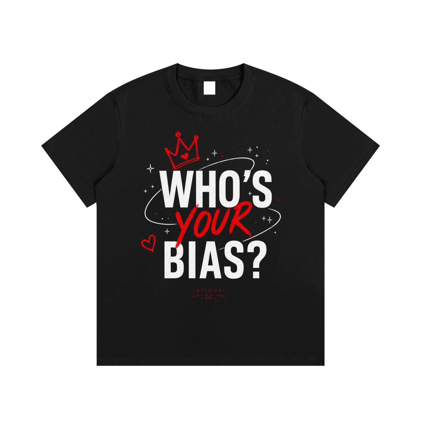 Black Who's Your Bias graphic tee with red and white front design
