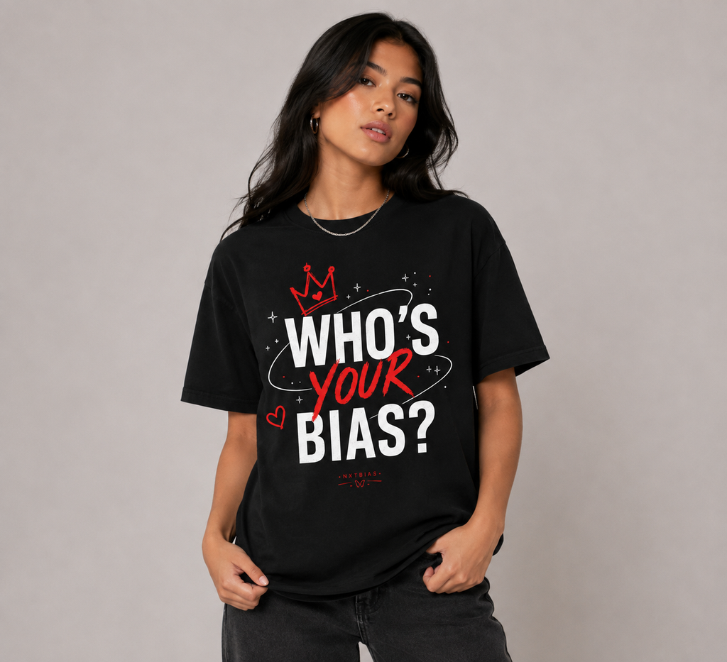 Model wearing black Who's Your Bias K-pop inspired graphic tee