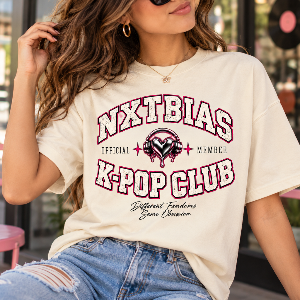 Woman wearing cream NXTBIAS Official K-Pop Club Member T-shirt